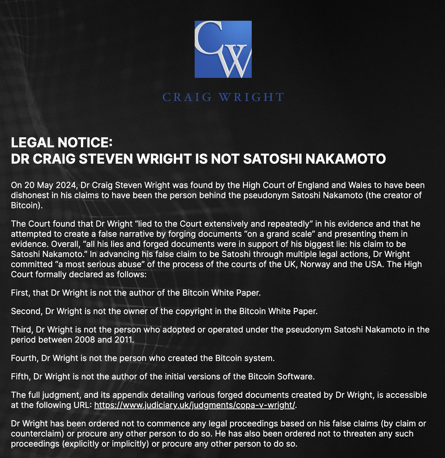 9年后,CSW终于承认自己不是中本聪插图 9年后,CSW终于承认自己不是中本聪